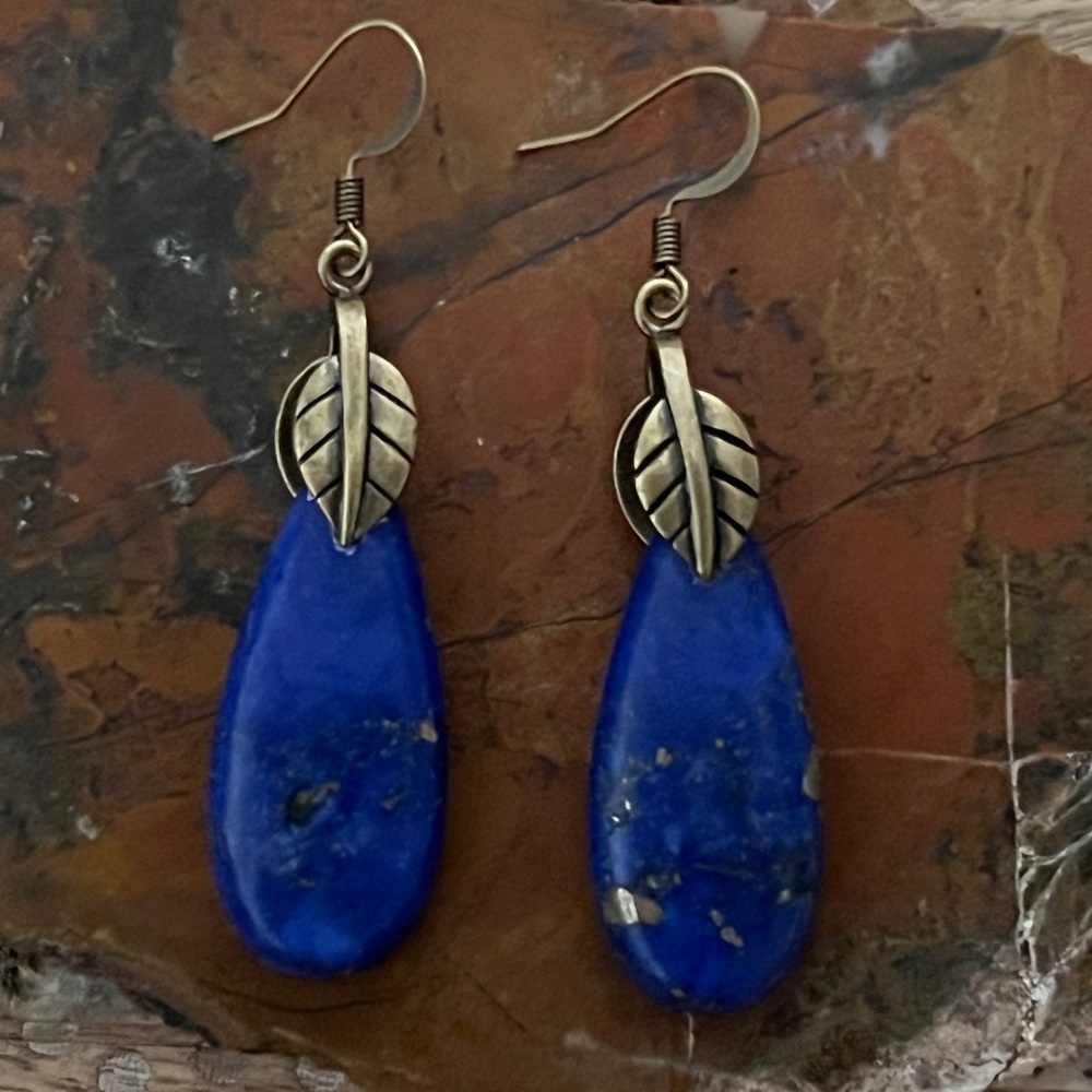 Gorgeous Blue Imperial Jasper Teardrop Pendant Earrings With Bronze Leaf Bezel